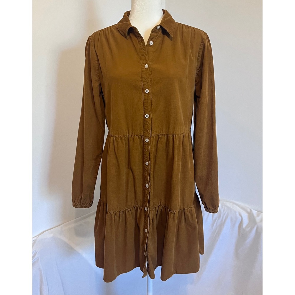 J.Crew Corduroy Tiered Shirt Dress Women Size 10 Brown Cottagecore BK249